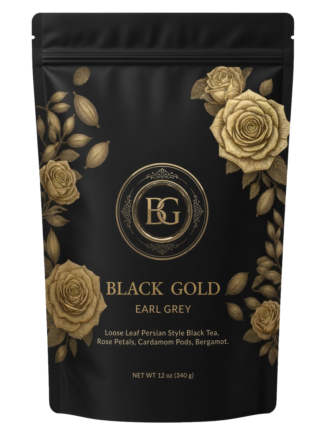 Black Gold Rose & Cardamom 12 oz bag, front