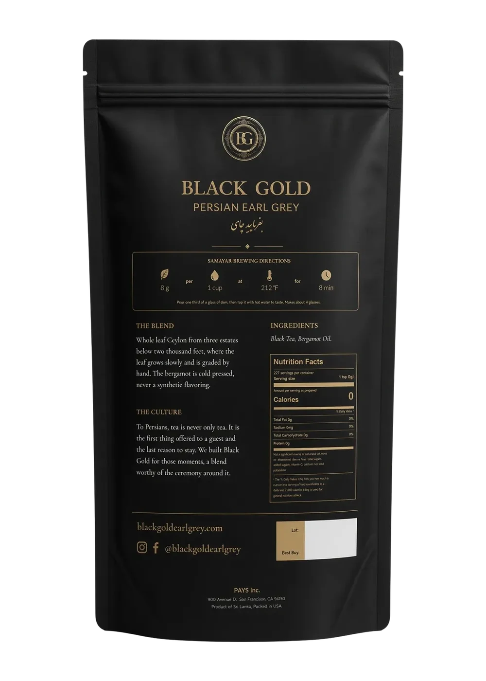 Black Gold Earl Grey 12 oz bag, back