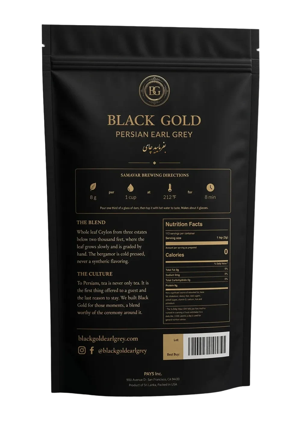 Black Gold Earl Grey 8 oz bag, back