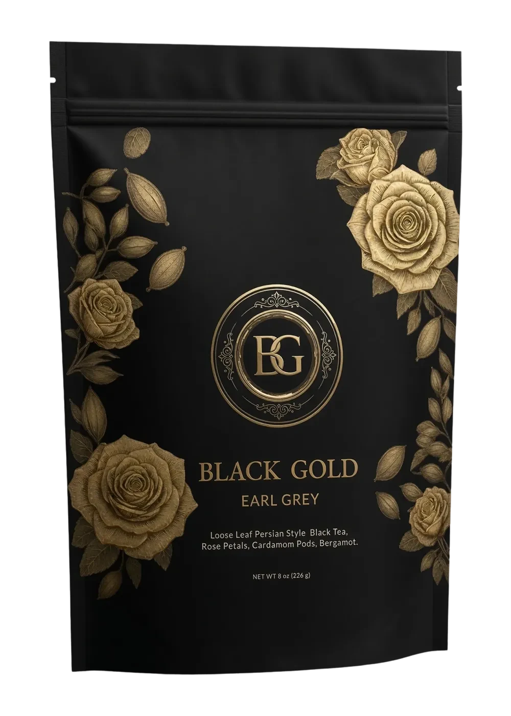 Black Gold Rose & Cardamom 8 oz bag, front